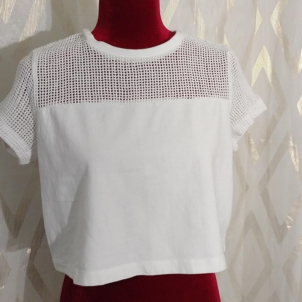 FOREVER 21, WHITE  T-SHIRT WITH FABRICS, SIZE L